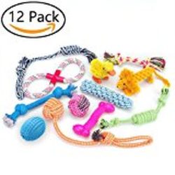 Juguetes para perros Juego de regalo de 12 paquetes, cuerda de bola RoyalCare y masticar juguetes chillones para perro de mediano a pequeño [OFERTAS]