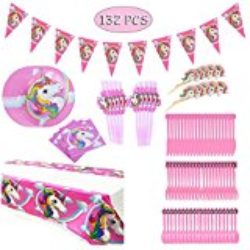 Hangnuo 132PCS unicornio cumpleaños Party Supplies sirve 20-Banner, mantel, Servilletas, pastel Toppers, juego de cena, pajas [OFERTAS]