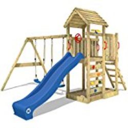 WICKEY Parque infantil MultiFlyer Torre de escalada con techo de madera, columpio, tobogán y escalera inclinada, tobogán azul [OFERTAS]