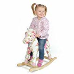 Pink Papaya caballo balancín Pinky | caballo balancín con distintos efectos de sonido: canción de Cowboy | Altura hasta la cabeza aprox. 70 cm | Altura hasta los hombros aprox. 45 cm | color: blanco con motivo de flores [OFERTAS]