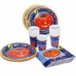 com-four® 60 Piezas formado Vasos, Platos y servilletas con Motivos Calabaza – Ideal para Carnaval, Halloween o Cumpleaños Infantiles (060 Piezas) [OFERTAS]