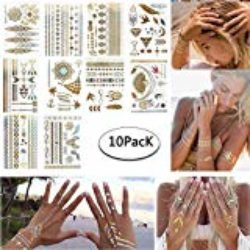 Tatuajes Temporales Niñas Metálico Etiqueta Engomada Del Tatuaje Temporal Body Fake Jewelry Tatuajes 10 Hojas para Mujeres Adolescentes Niñas (Oro plateado) [OFERTAS]