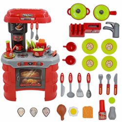 deAO Cocinita Moderna con Luces y Sonidos Cocina y Comida de Juguete Playset de Imitación Infantil Conjunto Incluye Accesorios [OFERTAS]