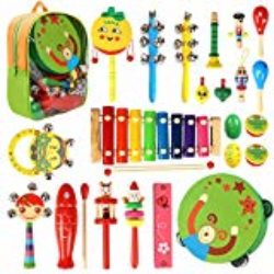 Instrumentos Musicales Infantiles – CrzKo 15/18/22 en 1 Juguete para niños Mini Band Percusión de madera, juego educativo preescolar, juego de percusión para niños y niñas Regalos de cumpleaños con bolso con cremallera (22 PCS) [OFERTA FINALIZADA]