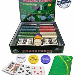 Professional Set de póker Caja de Metal, 500 fichas de pókerr, 2 Cubiertas, botón de repartidor, ciega pequeña, Gran ciega, tapete de Juego [OFERTAS]